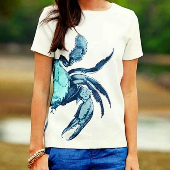 J. Crew Structured Pull On Textured Wrap Around Crab Print Top- Sz 0 - Picture 1 of 11